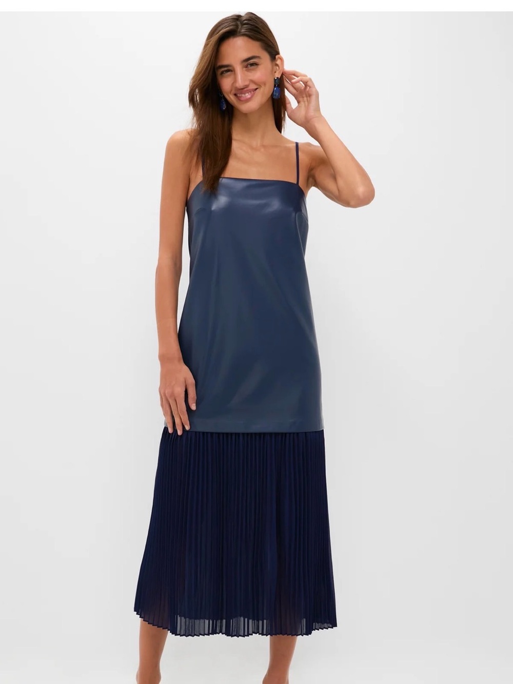 Tuckernuck Navy Mixed Media leather pleated Midi Dress